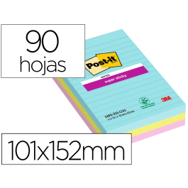Post-it Bloc de notas adhesivas quita y pon super sticky cosmic rayado, 90 hojas, 101x152 mm, paquete de 3 unidades Precio: 14.88999985. SKU: B1G5PDCE5C