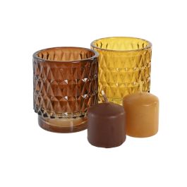 DKD Home Decor Vela Urban de Cera y Cristal, Pack de 2 Sets de 4 Velas Mostaza y Marrón, 7x8x7 cm, Duración 5h