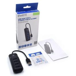 Ewent EW1138 Hub USB 3.1 Gen1 4 Puertos, Compatible con USB 2.0 y 1.1, Negro
