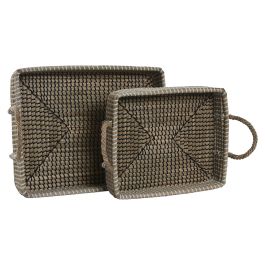 DKD Home Decor Bandeja Decoracion Set de 2, Marron Claro Natural, Seagrass/Pu, 32 x 16 x 41 cm