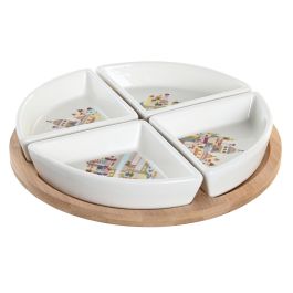 DKD Home Decor Set de 5 Platos para Aperitivo Mediterraneo, Gres y Bambú, Multicolor Natural, 21.5x21.5cm, Colección Blue Red Bird