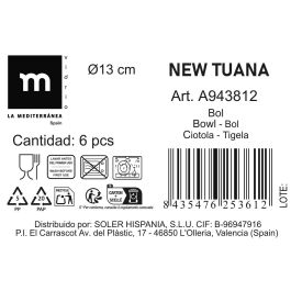 Bol 13 cm/375 ml New Tuana - La Mediterranea (24 Unidades) Bol 13 cm/375 ml New Tuana - La Mediterranea (24 Unidades)