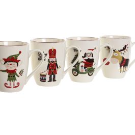 DKD Home Decor Taza Mug Navidad Rojo Verde Blanco Porcelana New Bone 340ml Alto 10.5 cm Diámetro 12 cm Apto Microondas Pack 12 Unidades