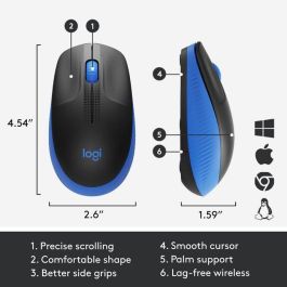 Logitech M190 Ratón Inalámbrico de Tamaño Completo Ergonómico para Manos Grandes, RF, 18 Meses de Batería, Azul