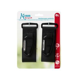 KioKids Mosquetones Ganchos para Carrito de Bebé Universales Ajustables al Manillar, Colgar Bolsas - Imitación Piel Negro y Metal