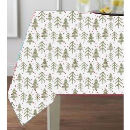 DKD Home Decor Mantel de Navidad Alpina Polyester con Árboles Verde, Blanco y Beige 250x150 cm Set de 9 piezas para 8 servicios