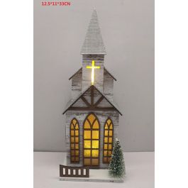 DKD Home Decor Casa Navidad Tradicional Tipo Iglesia Iluminada LED con Pilas LR44, Marrón Verde MDF, 33 cm Alto, 11x12.5 cm Base, Pack 2 Unidades