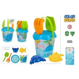 Color Baby Cubo de playa Animal Summer 18cm con pala, rastrillo y 2 moldes en red de plástico, para niños +18 meses