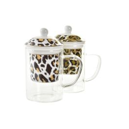 DKD Home Decor Mug para Infusiones Colonial, Diseño Leopardo, 300ml, Cristal y Porcelana, Apto Microondas/Lavavajillas (Pack 6 Surtidos)