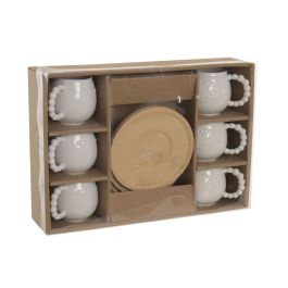 DKD Home Decor Set de 6 Tazas de Café de Porcelana y Bambú Blancas con Corazón 150ml 7.5x7x10.5cm Apto Microondas y Lavavajillas