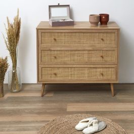 Home Deco Factory Cómoda 3 Cajones Bali, Madera y Ratán, Estilo Balinés, 90x39x79 cm