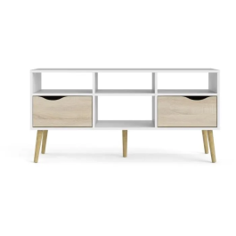 TVILUM 7539149AK Mueble TV Blanco/Roble con 4 Nichos y 2 Cajones - 117,2 x 39,1 x 57,4 cm