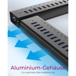 ICY BOX IB-AC6113 HUB USB 3.0 de 14 Puertos (13+1 Carga) Aluminio Negro con Adaptador de Corriente