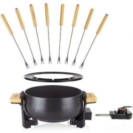 Tristar FO-1108 Fondue Eléctrica de Bambú 1000W con 8 Tenedores, Olla Antiadherente de 1.5L para 8 Personas, Termostato Regulable