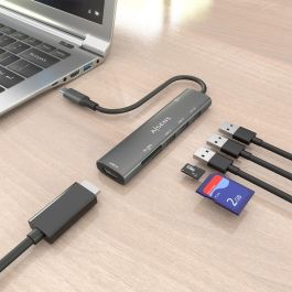 AISENS ASUC-7P027-GR Docking Station USB-C 7 en 1 con HDMI 4K, 3 Puertos USB, USB-C PD 100W y Lector Tarjetas SD/MicroSD Gris