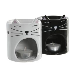 DKD Home Decor Quemador de Aromas Cerámica Blanco Negro Gato 8x9x8 cm (12 Unidades)
