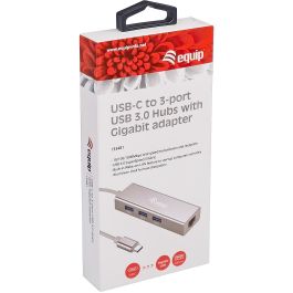 EQUIP Adaptador USB-C a RJ45 Gigabit (10/100/1000 Mbps) y 3 Puertos USB 3.0, Cable 0.15m