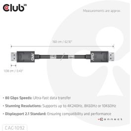 Club3D DP-Kabel 2.1 DP80 Cable DisplayPort 2.1 certificado VESA, 1.6m, 10K/8K/4K, 240Hz, Macho/Macho
