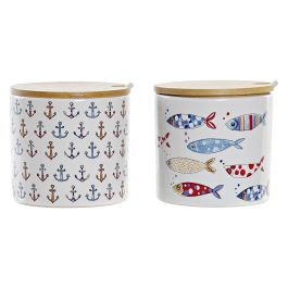 DKD Home Decor Azucarero Mediterraneo Costa Peces Multicolor Negro de Gres y Bambú 9.5x9.5x9.5cm Apto Microondas Lavavajillas (6 Unidades)