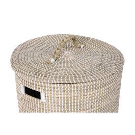 DKD Home Decor Cesta de Almacenamiento con Tapa, Fabricada en Seagrass. Tonos Natural y Blanco. Dimensiones 42x42x48 cm.