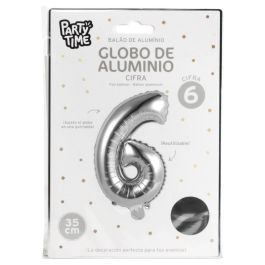 Party Time Globo Cifra 6 Plata 35 cm para Aniversarios y Cumpleaños, Hinchable con Aire o Helio, Reutilizable