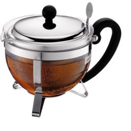Bodum Chambord Tetera de Acero Inoxidable con Tamiz y Mango de Vidrio, 1 Litro, Color Gris y Transparente, Apta Lavavajillas