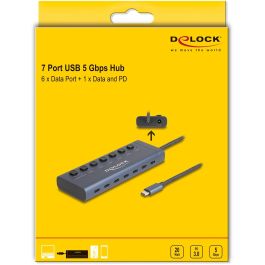 DeLOCK USB 5 Gbps Hub con 7 Puertos USB Tipo-C (6x Datos + 1x Datos/PD 20W) con Interruptor