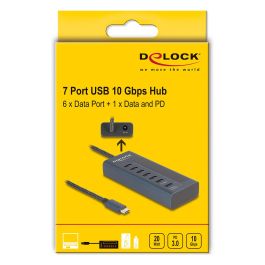 DeLOCK 64288 Hub USB 3.2 con 7 Puertos USB Type-C (6 Datos + 1 Datos/PD), USB-C a USB-C 10 Gbps, Power Delivery 20W, Indicador LED, Metal Azul