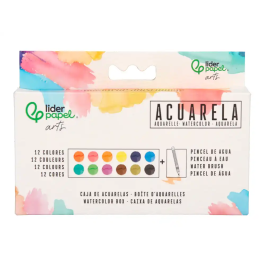 Liderpapel Acuarela 12 Colores con Pincel de Agua Rellenable Estuche de Plástico