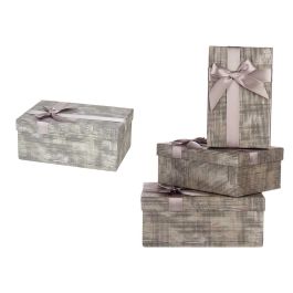 Set 3 Cajas de Cartón Rectangulares Antracita con Rayas y Lazo Pincello 23x10x16 cm (12 Unidades)