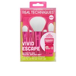 Real Techniques Vivid Escape Glow-To-Go Set de Brochas de Maquillaje Mini 5 Piezas con Estuche y Espejo, Veganas