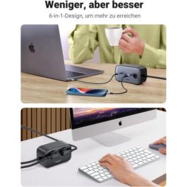 UGREEN DigiNest Cube Regleta 3 Salidas AC 65W, 2 USB-A y 2 USB-C, 1.8m Cable Negro Gris, Carga Rápida 3680W