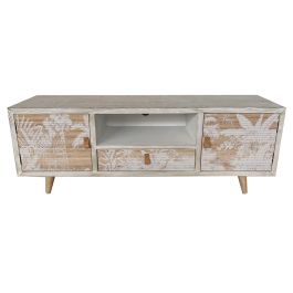 DKD Home Decor Mueble TV Tropical Decapé Madera y Bambú Blanco Colección Whitepalm con Palmeras 140x40x51 cm, 1 Cajón y 2 Puertas