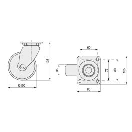 Tente Rueda Giratoria Aro Nylon Ø100mm, Sin Freno, Sin Antihilo, Buje Liso, Núcleo Polipropileno, Soporte Acero Zincado.