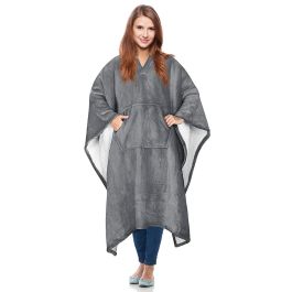 Home Deco Factory Manta-Poncho Gris con Borreguito y Bolsillo Delantero Talla Única 130x170 cm
