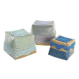 DKD Home Decor Cesta Azul Turquesa Bambú Algodón Set de 3 Piezas 27 x 27 x 22 cm