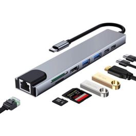 Ewent EW1146 Base Docking USB-C Multipuerto 8 en 1 con HDMI 4K, Power Delivery 87W, LAN Gigabit, USB, Lector SD/MicroSD Gris Aluminio