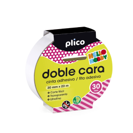 Plico Cinta Adhesiva Doble Cara Transparente 20 mt x 30 mm para Textil, Goma EVA, Cartón, Papel, Uso Escolar