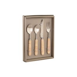 DKD Home Decor Cubertería Tropical de Acero Inoxidable y Ratán, Juego de Cubiertos Natural y Plateado, Set de 16 Piezas para Comedor o Mesa