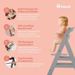 HAUCK Alpha + Silla alta de madera escalable para bebé - Asiento y reposapiés ajustables, arnés 5 puntos, gris