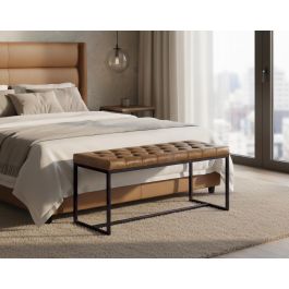 Giner y Colomer Banqueta Tapizada en Piel Marrón con Acolchado Capitonné y Patas de Hierro Negro