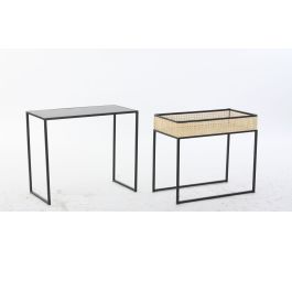DKD Home Decor Mesa Centro Moderno Negro Natural Ratán Metal Set 2 Piezas 30x50x60 cm
