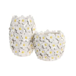 DKD Home Decor Jarrón Shabby Blanco Amarillo Margaritas Cerámica 21 x 18 x 21 cm