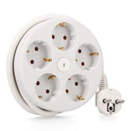 Edm Prolongador Redondo con 5 Tomas Schuko 2P+T, Interruptor, Cable H05VV-F 3G1,5mm² de 1,5m, Blanco