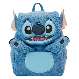 Loungefly Mochila peluche Stitch Disney 26cm Herrajes metálicos plateados Tejido sherpa Correas ajustables Piel vegana