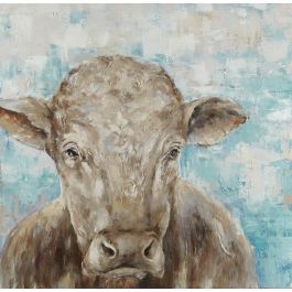 DKD Home Decor Cuadro Vaca Azul Rosa Lienzo Pino Hecho a Mano 100 x 100 x 3.5 cm (2 Unidades)