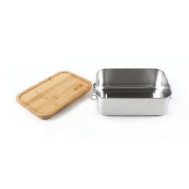 Quttin Fiambrera Rectangular de Acero Inoxidable con Tapa de Bambú, 1500 ml, 20.5 x 15 x 7.7 cm