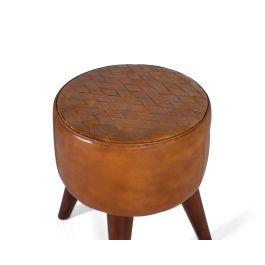 GINER Y COLOMER Taburete Redondo Tapizado en Piel Bovina Camel con Pata de Madera Torneada