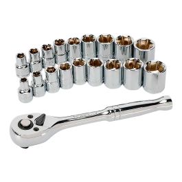 Juego de carraca y vasos 3/8 pulg, 19 piezas, (métrico-sae)