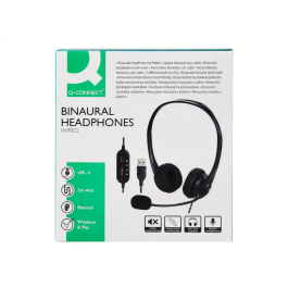 Q-connect Auricular Binaural Diadema con Micrófono USB y Control de Volumen, Cable 2m, Color Negro